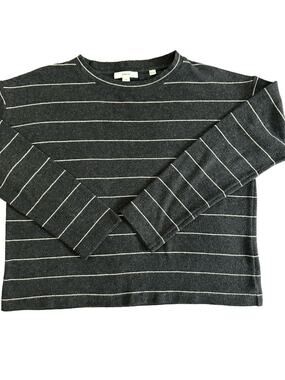 Vince Striped Long Sleeve Crewneck Top Gray White Stripe Boxy Tee Casual S/P